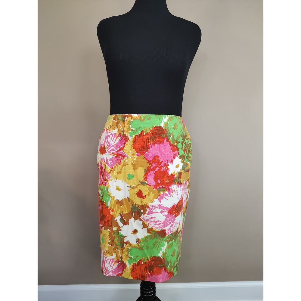 Talbots Petites Floral Pencil Skirt 14P Multicolor Cotton Knee Length Lined 2840